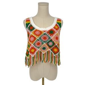 Bohemian Floral Patchwork Crochet Fringe Crop Top Shirt, One Size